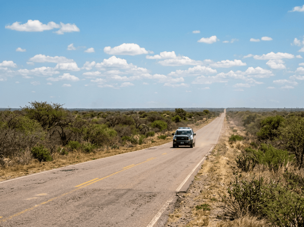 Vehicle traveling on a straight road through dry bushland
