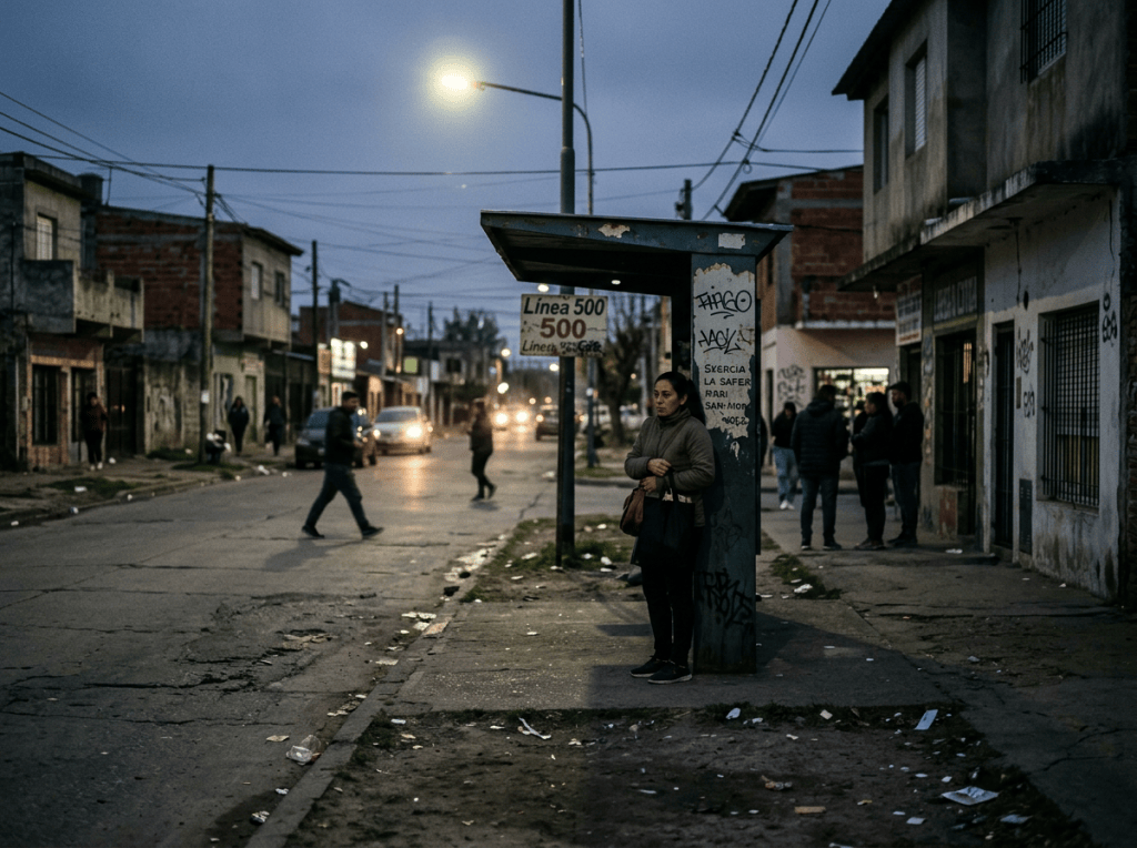 People near a Línea 500 bus stop on a neighborhood street at dusk
