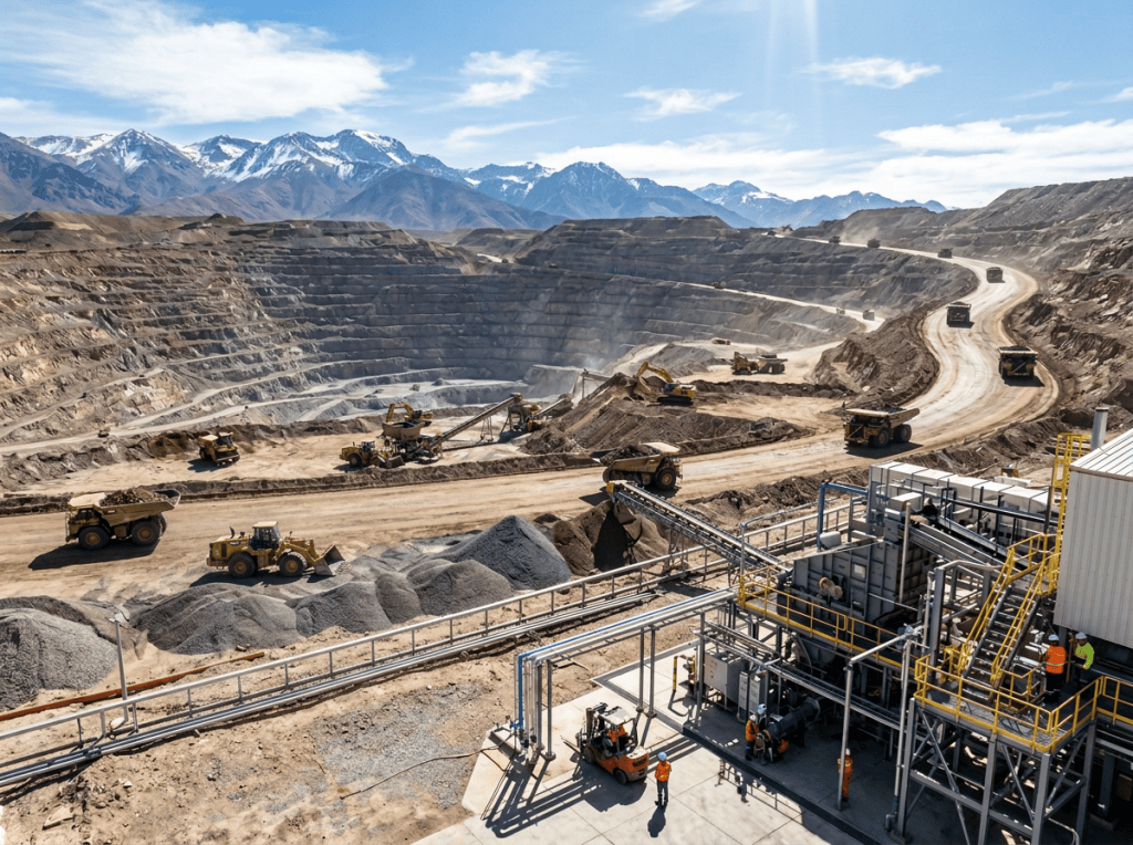 Open-pit mine with machinery and sign reading LA MINERÍA ARGENTINA: EXPORTACIONES RÉCORD 2025! EN 8 MESES YA IGUALÓ CASI TODO 2025! Jan Feb Mar Abr May Jun Jul Ago META ANUAL 2025