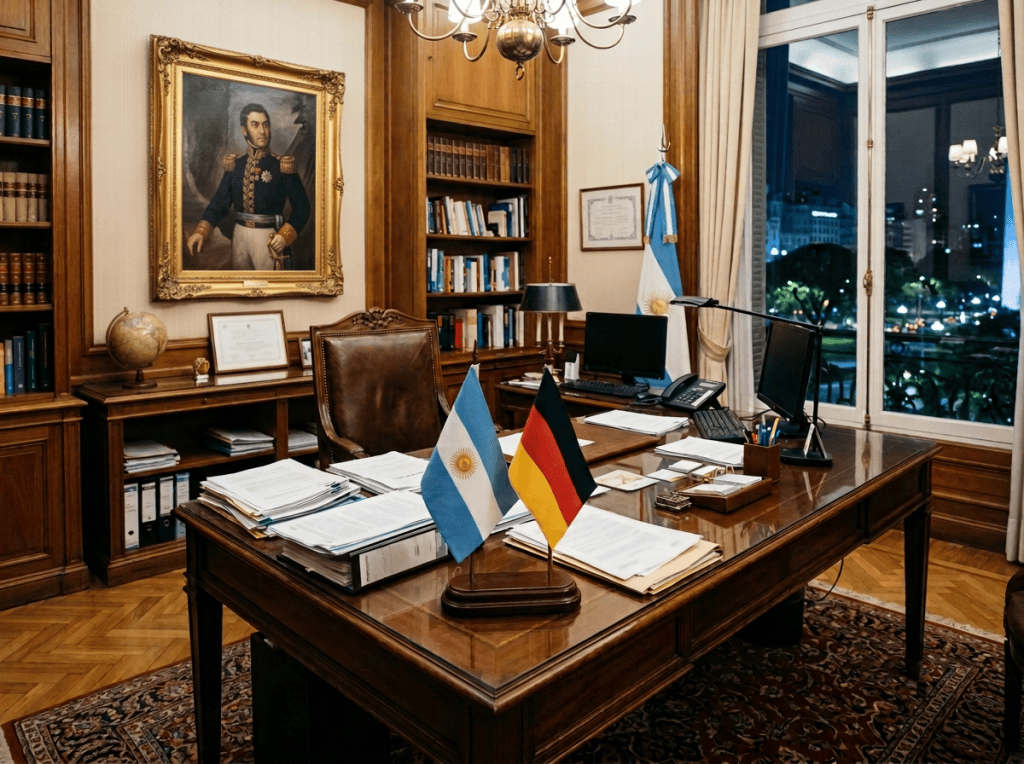 Executive office with Argentine and German flags, bookshelves, portraits, and paperwork