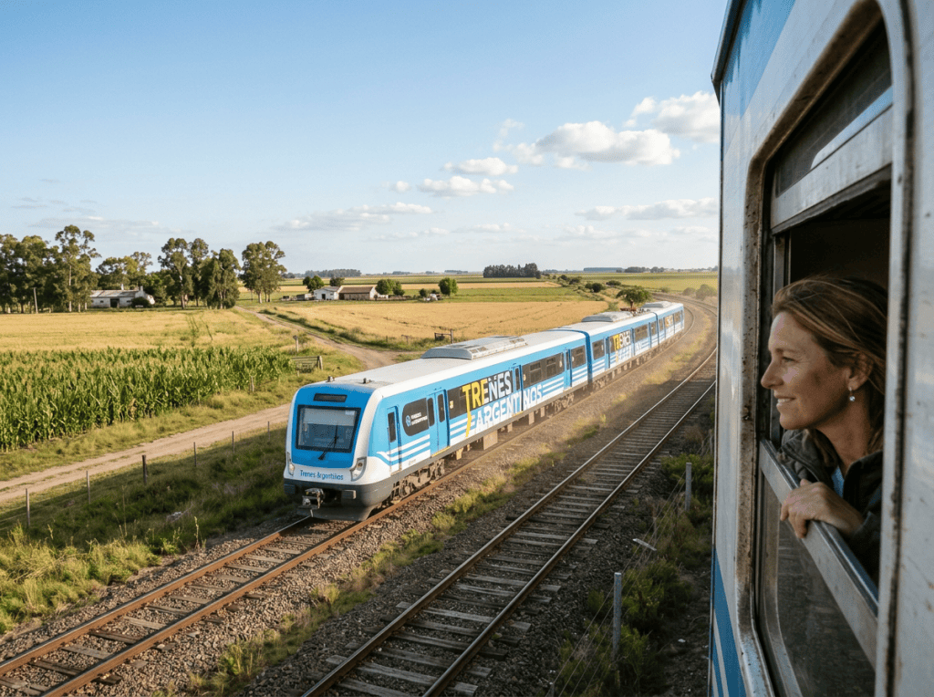 Woman watches a Trenes Argentinos train crossing rural farmland