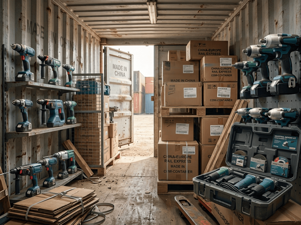 Cajas reales de herramientas dentro de contenedor