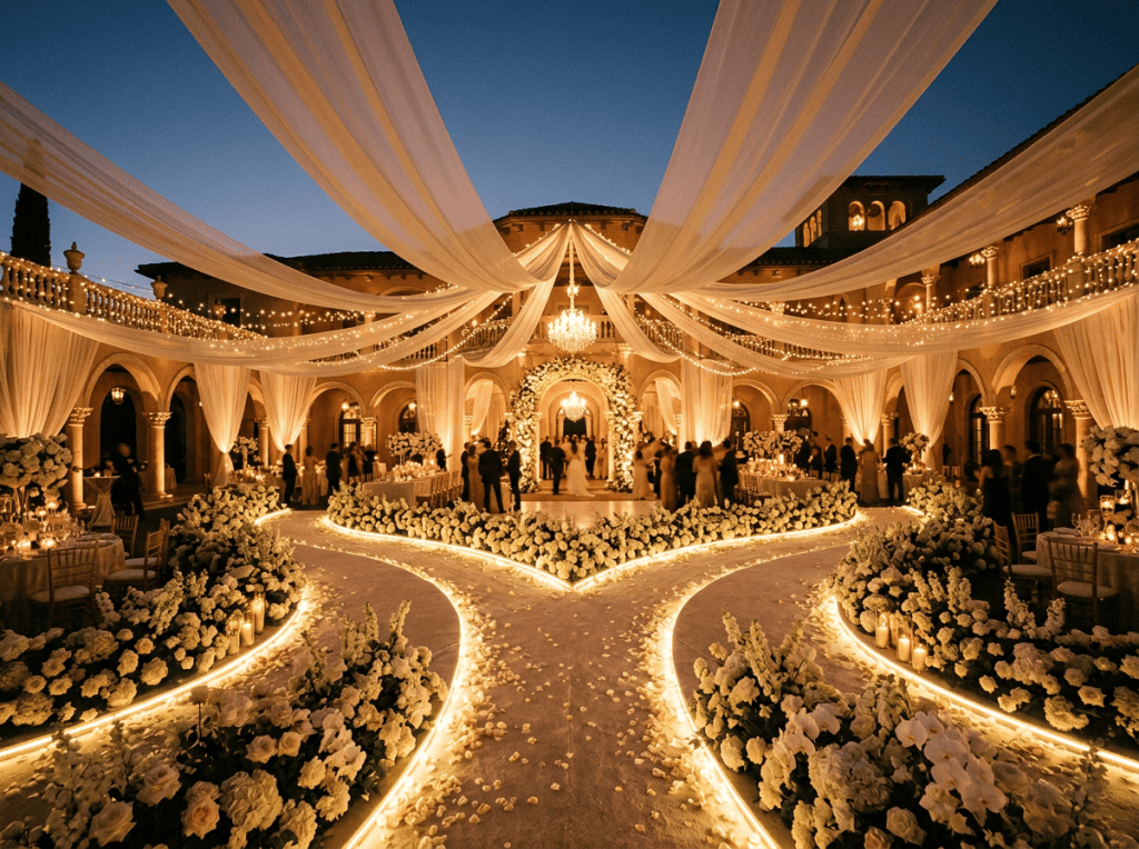 Lavish outdoor wedding reception with floral aisle and glowing chandeliers